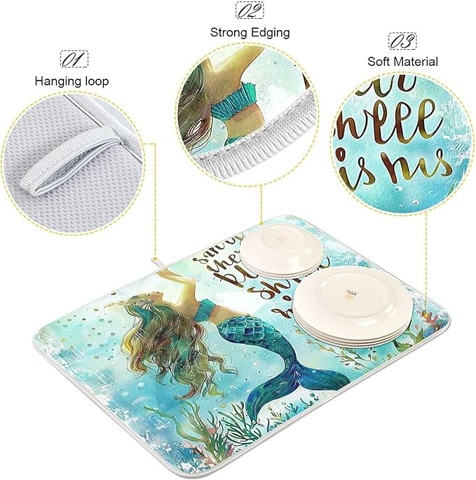 Mermaid Aqua Dish Drying Mat for Kitchen Countertop 18x24 Nautical Theme Ocean Turquoise Blue Large Drying Mat Reusable Quick Dry Dish Sink Mats Easy Clean Decorative Essentials