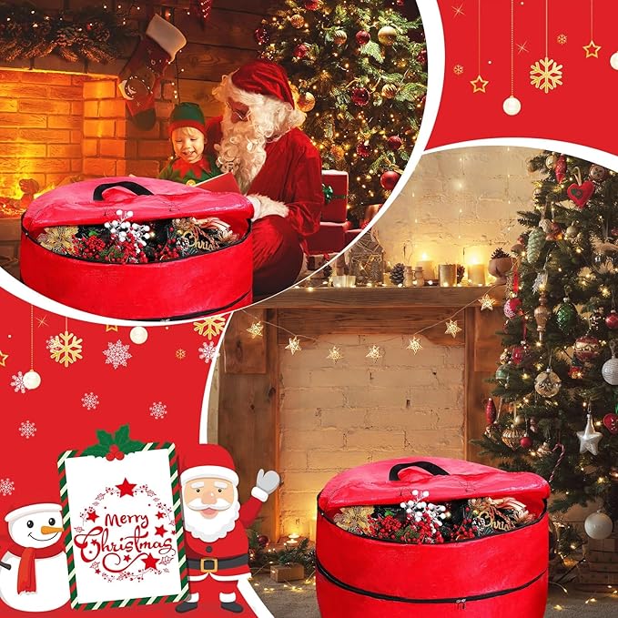 Hoolerry Double Layer Christmas Wreath Storage Container Bags Double Wreath Storage Container Zippered Bag with Handle Festive Storage Box Storage for Xmas Garlands, Red(2 Pcs,30 Inch)