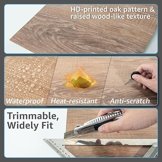 Art3d Peel and Stick Vinyl Floor Tiles 30-Pack 12 x 12 inch, Self Adhesive Waterproof Flooring Wood Planks for Kitchen, Dining Room, Bedrooms, Cover 30 Sq. Ft, Light Brown Ash
