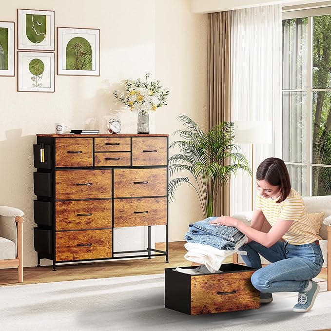 10 Drawer Dresser, Chest of Drawers for Bedroom, Fabric Dresser Drawers with Side Pockets, Hooks, Wooden Top and Sturdy Metal Frame for Living Room, Closet, Hallway (Brown)