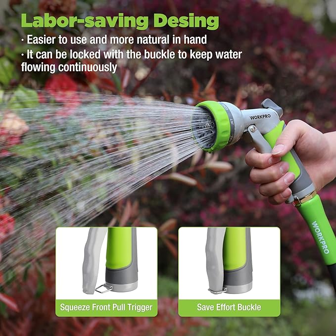 WORKPRO Garden Hose Nozzle - 100% Heavy Duty Metal Water Hose Spray with 8 Adjustable Spray Patterns, Hand Sprayer with Thumb Control for Car Washing, Plants Watering, Pets Showering, Outdoor Fun