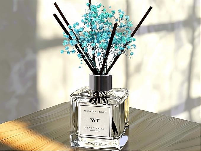 WEALD TRIBE Reed Diffuser Set for Bathroom Air Fresheners with Real Flower, Oil Diffuser Stick | Ocean Mist & Sea Salt Scent 5.1 fl oz Home Fragrance with Sticks Defusers | House Office Shelf Decor