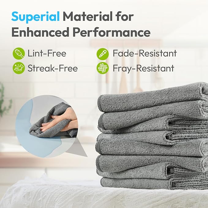 Tekswip Microfiber Cleaning Cloth 12"X12" 12 Pack Grey Lint Free Microfiber Towels for Cars-Extra Thick, Streak-Free, Fast Absorbent - Reusable Multi-Purpose Housekeeping Rags for Cars