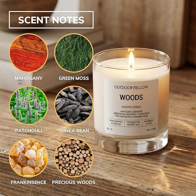 Outdoor Fellow Woods Scented Candle, 8oz, Coconut & Apricot Wax Blend, Mahogany, Cashmere, Patchouli, Tonka Bean, 40-50 Hour Burn Time, Earthy Home Fragrance