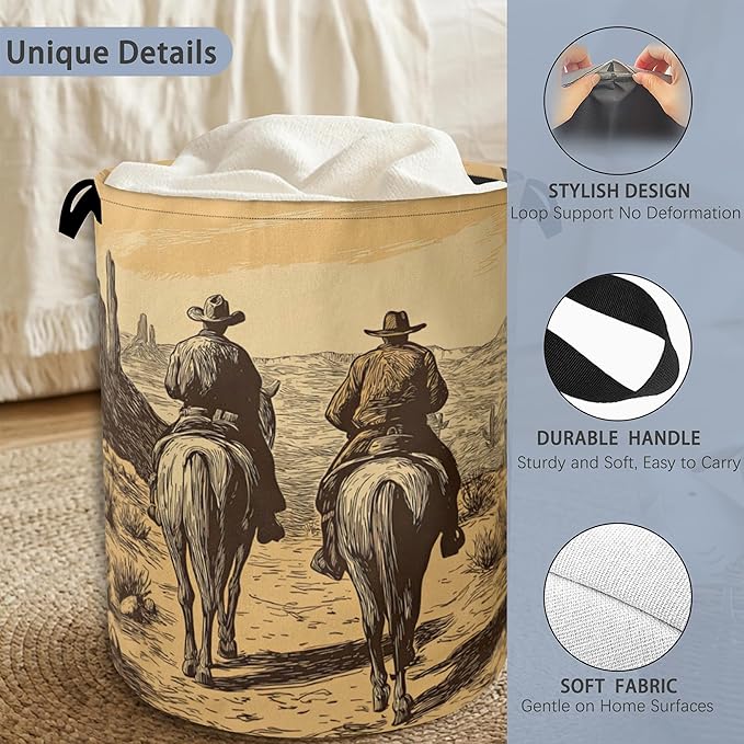 Western Cowboy Laundry Basket,Oxford Cloth Laundry Hamper with Handle Foldable Portable Clothes Storage Basket for Bathroom Bedroom Dorm Room 16" x 20.8"