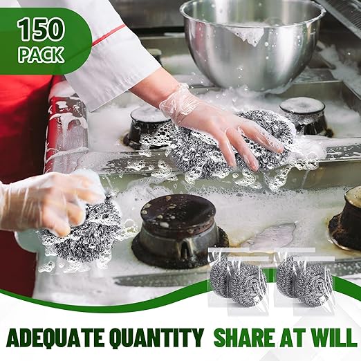 Honeydak 150 Pack Stainless Steel Scourers Steel Wool Scrubbers Bulk Separately Packaged 2.5 Inch, 15 Gram Metal Scourers Sponges Wire Scouring Pad for Stove Pot Pan Oven Kitchen Restaurant(Classic)