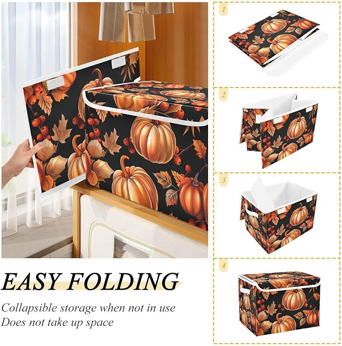 Thanksgiving Baskets Collapsible Storage Bins with Lids, Autumn Pattern Pumpkins Storage Boxes Clothes Baskets for Organizing