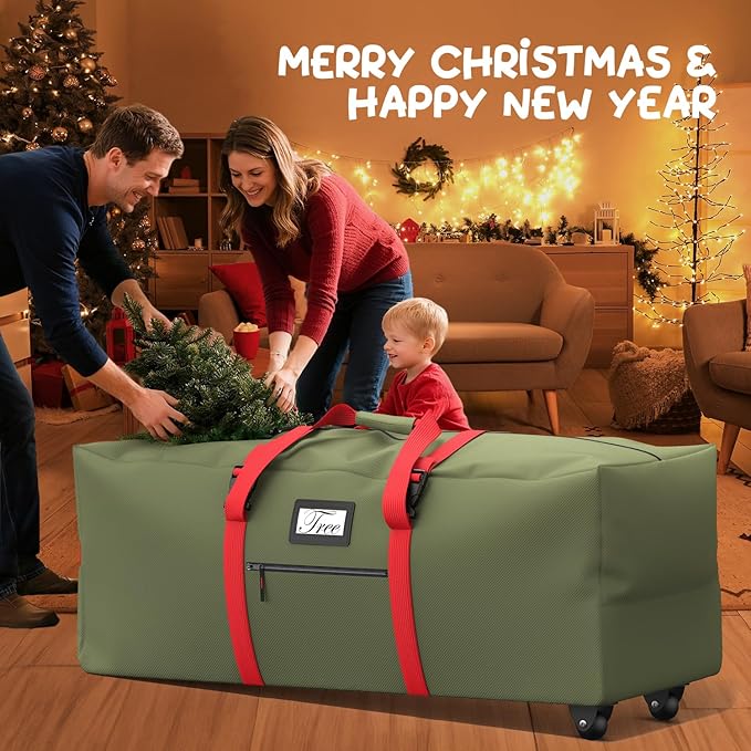 Mrrihand Christmas Tree Storage Bag, Large Artificial Anti-Tear Heavy-Duty 600D Oxford Cloth Xmax Christmas Tree Storage Box with Rolling Wheels, Christmas Tree Storage Container (Army Green&Red, 9Ft)