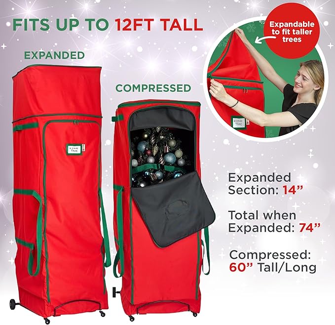 HOLDN’ STORAGE Rolling Christmas Storage Bag - Fits Up to 12 Feet Artificial Trees, Heavy Duty 600D Extra Large Garland and Tree Bag With Wheels