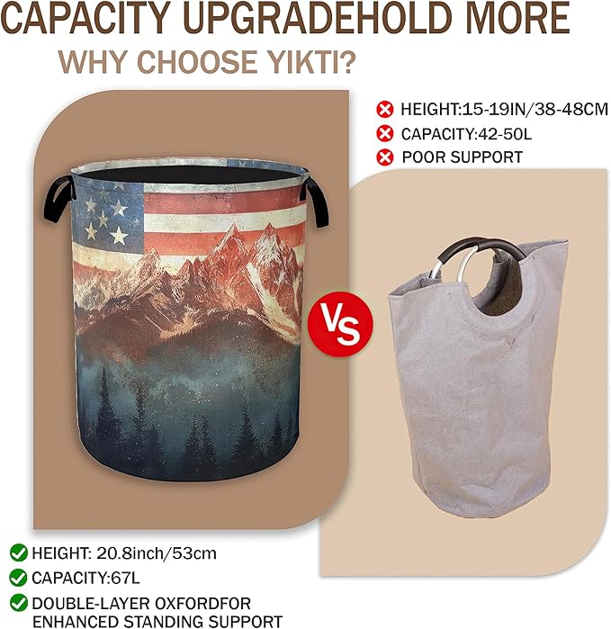 Vintage American Flag Laundry Hamper,Forest Mountain Clothes Hamper for Laundry,Waterproof Oxford Toy Storage Collapsible Hampers for Bedroom, Dorm Room,Bathroom,16x20 Inch