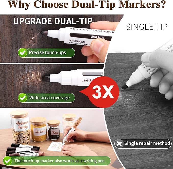 Dual Tip Furniture Markers Touch Up,Upgrade 13 Pcs Wood Markers Furniture Repair Kit,Touch Up Paint Pen and Wood Filler Putty Stick with Sharpener Kit,for Wood Stain Remover,Wood Floor Scratch Repair