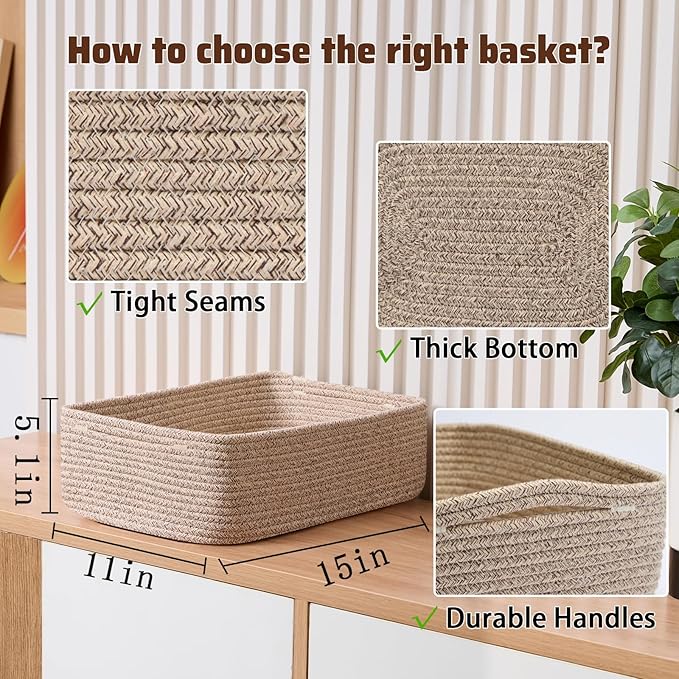 Large Shallow Organizing Baskets 15x11x5.1 Inches - Rope Woven Storage Bins for Bathroom, Shelves, Cube Closet, Mixed Brown 3 Packs