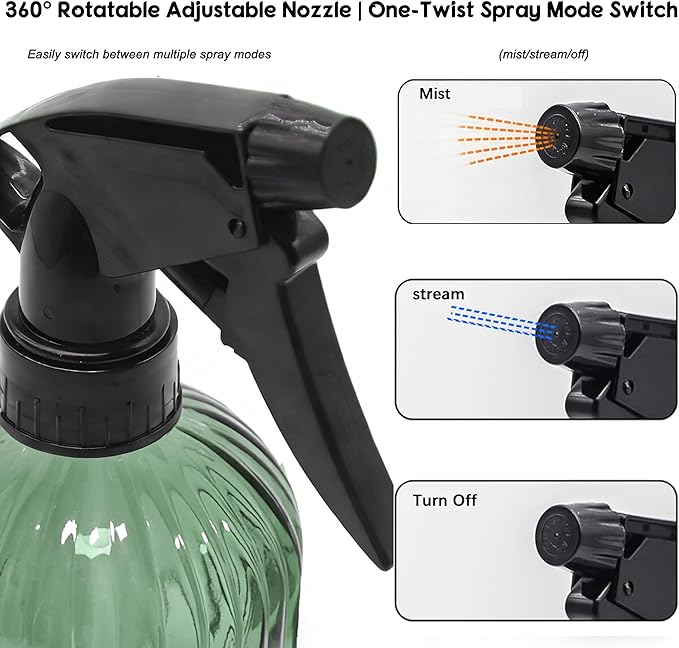 Green Glass Spray Bottle, Refillable Indoor Plant Mister,13.5oz Water Spray Bottle with Adjustable Nozzle,Plant Mister Spray Bottles for Indoor Plants, Cleaning, Hair Care, Pets Care(2pcs)