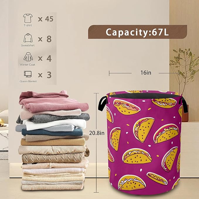Cute Cartoon Taco Laundry Basket Foldable Laundry Hamper with Handles Oxford Cloth Storage Hamper for Clothes, Books, and Sundries16"x20.8"