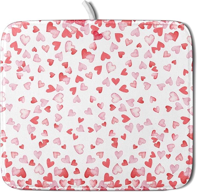 Valentine’s Day Dish Drying Mat for Kitchen Counter 18x16 Inch Watercolor Love Drying Mat with Absorbent Reversible Microfiber Pink Dish Drainer Mats Rack Pad for Coffee Countertop Protector