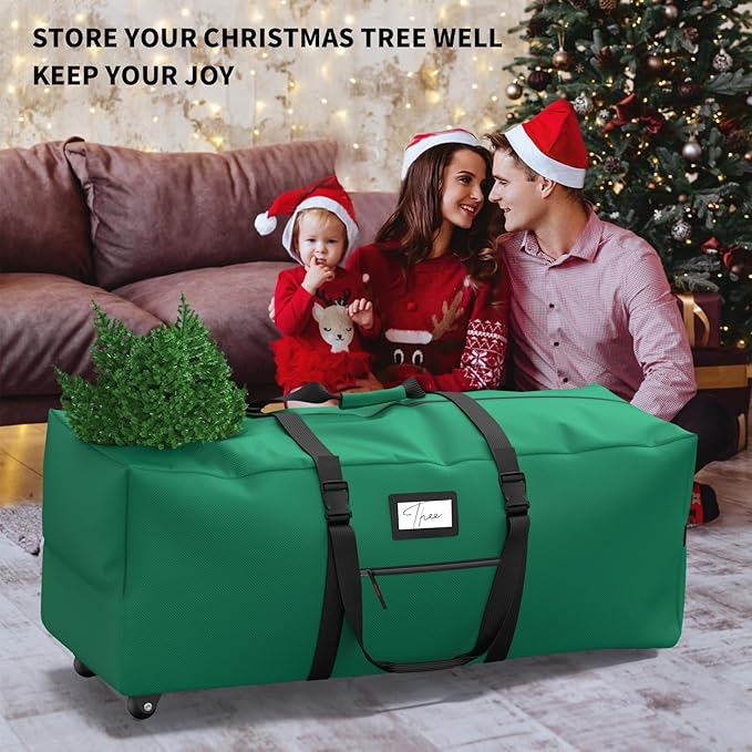 Rolling Christmas Tree Storage Bag, Fits Up to 7.5 ft Artificial Xmas Disassembled Trees. Extra Large Storage Container with Wheels and Handles. Against Dust and Moisture (Green)