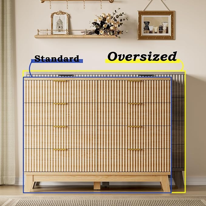 53" Tall Dresser for Bedroom, 8-Drawer Fluted Chest of Drawers, Modern Wood Highboy with Metal Slides and Handles, Anti-Tip Kit, Vertical Clothes Storage Organizer for Apartment, Closet