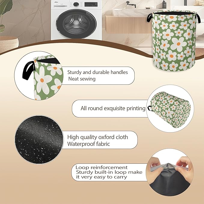 70s Groovy Flower Laundry Hamper,Green Floral Collapsible Laundry Baskets,Waterproof Oxford Cloth Laundry Room Organization for Bedroom,Bathroom,Nursery,16x20 Inch