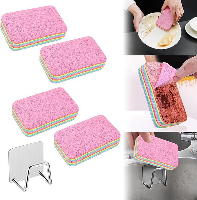 Generic 12 Layer Microfiber Sponge, Rainbow, 4 Pack, Dual Sided, Absorbent, Reusable, Multi-Purpose, Kitchen Sink Holder
