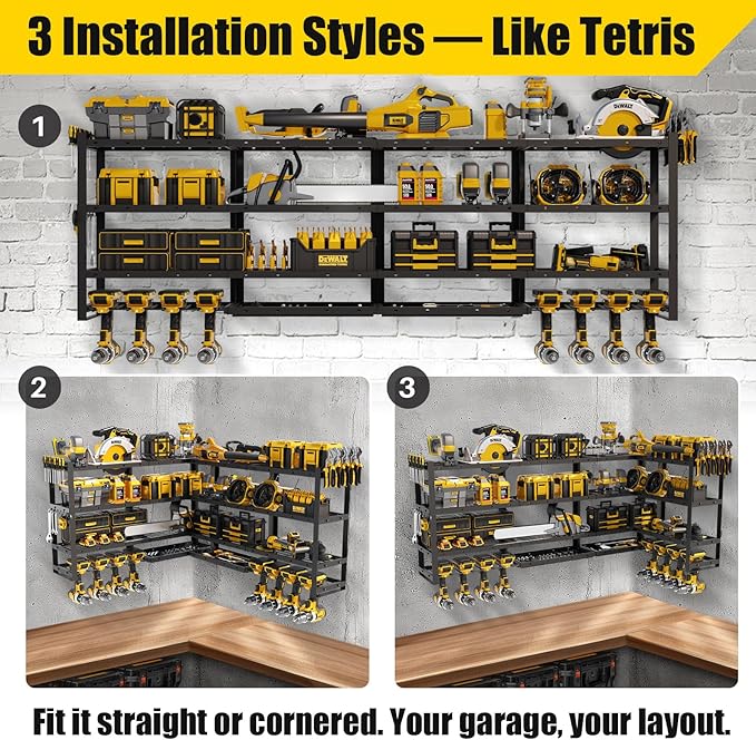 STURDIFLOW XLarge 64''W Power Tool Organizer Wall Mount | Modular&Corner-Fit 820lbs Garage Storage Rack with 8 Cordless Drill Holder | 4-Tier Heavy Duty Utility Shelf for Battery Workshop Organization