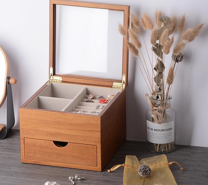 Jewelry Box with Glass Lid, 2 Layer Jewelry Organizer for Women, Solid Wooden Jewelry Box Display for Ring Earrings Necklace Bracelet, Pine Wood Jewelry Boxes Vintage Style for Gifts