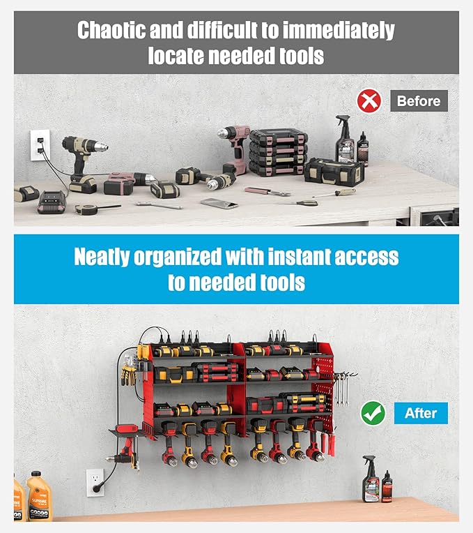 CCCEI Modular Power Tools Organizer with USB Charging Station, 4 Layer Drills and Battery Storage Wall Mount, Garage Shop Organization, Anniversary, Birthday, Gifts for Men, Father, 10FT Cord, Red.