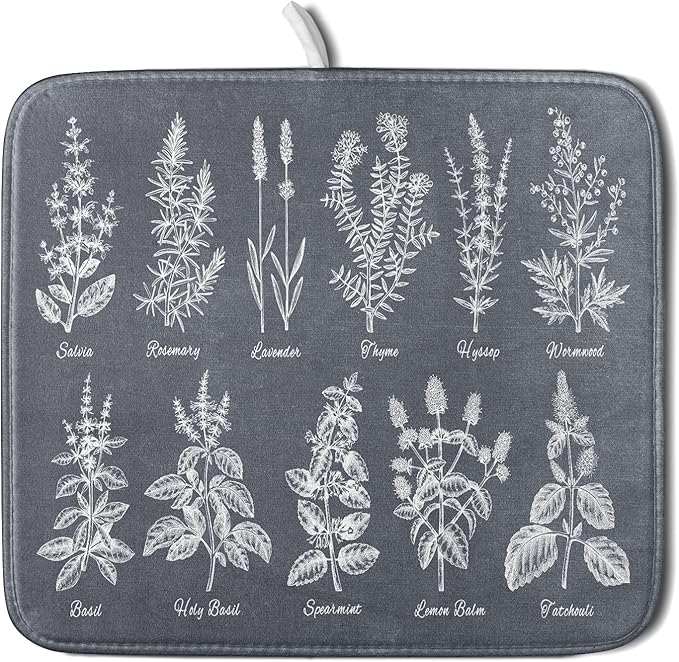 Flower Herbs Dish Drying Mat Wild Plant Dish Rack Mat with Hanging Loop Fast Dry Dish Drainer Pad for Kitchen Counter Sink 16x18 Inch