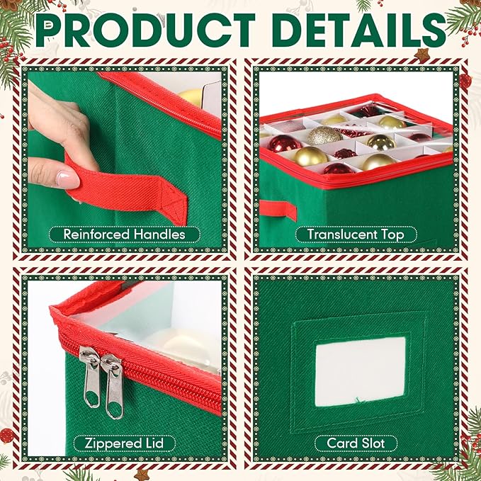 Chengu 2-pack Christmas Ornament Storage Stores up to 64 Christmas Ball Accessories Holder with Adjustable Dividers, Zippered Closure Two Handles for Holiday Ornaments and Xmas Decorations(Army Green)