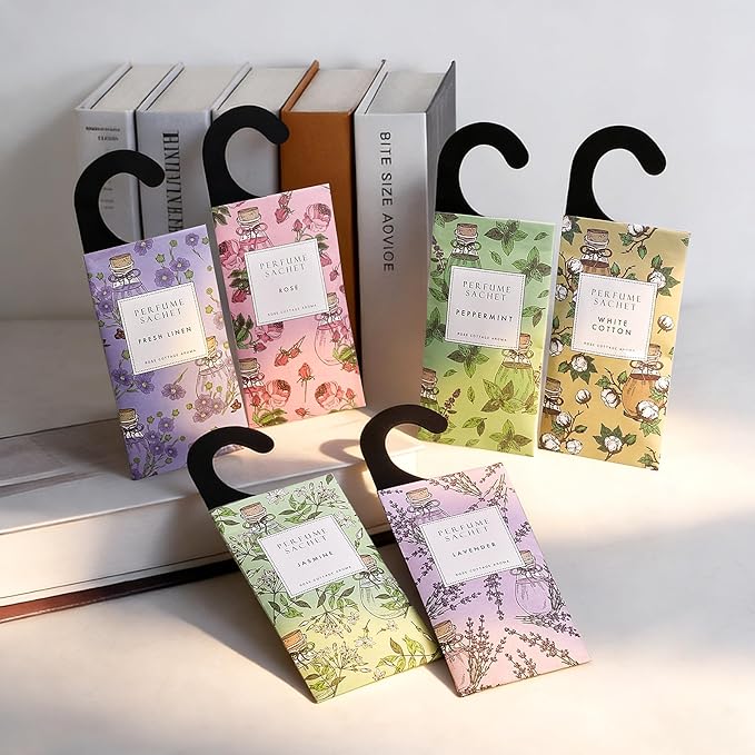 ROSE COTTAGE Large 12 Packs Hanging Closet Deodorizer Air Freshener Scented Sachets Long Lasting Smell Goods 6 Scents Option - Lavender, Linen, Cotton, Mint, Jasmine, Rose