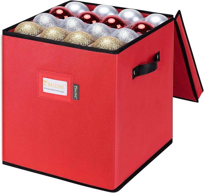 BALEINE Christmas Ornament Storage Box with Dividers, Premium Holiday Ornaments Storage Container Bin for Xmas Decorations (64 Ball, Red, Without Tray)