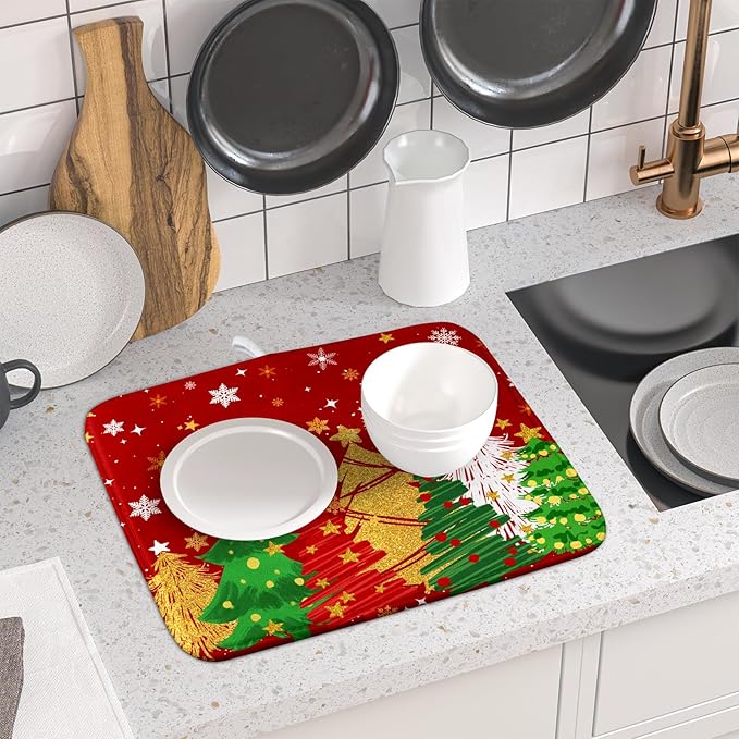 Christmas Dish Drying Mat 16 x 18 Inches Winter Red and Green Absorbent Reversible Microfiber Mats for Tree and Snowflake Pattern Dish Rack Pad Drainer Mat for Coffee Bar Decor