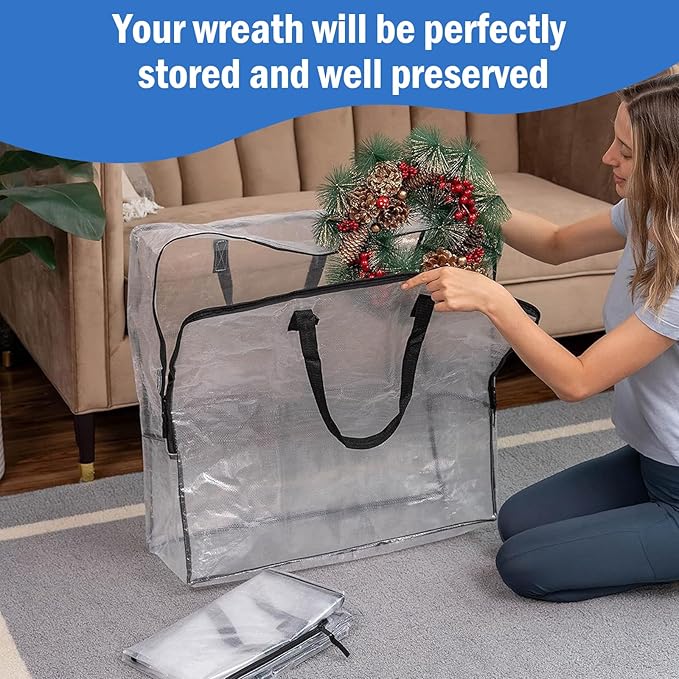 5 Pack 25 inches Wreath Storage Container,Extra Large Transparent Rectangular Ornament Storage Bags,Moving Bags,Perfect for Wreaths,Bedding,Daily necessities,Gifts,Waterproof,Reusable,Foldable