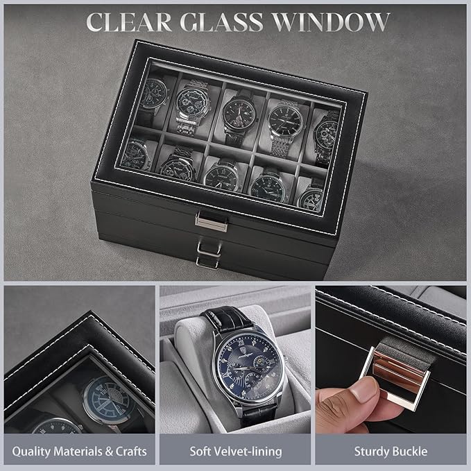 ProCase 20 Slot Watch Box for Men, 3-Layer Watch Display Case with Glass Lid, Watch Holder with Drawer, Jewelry Storage Organizer for Watches Straps Rings -Black