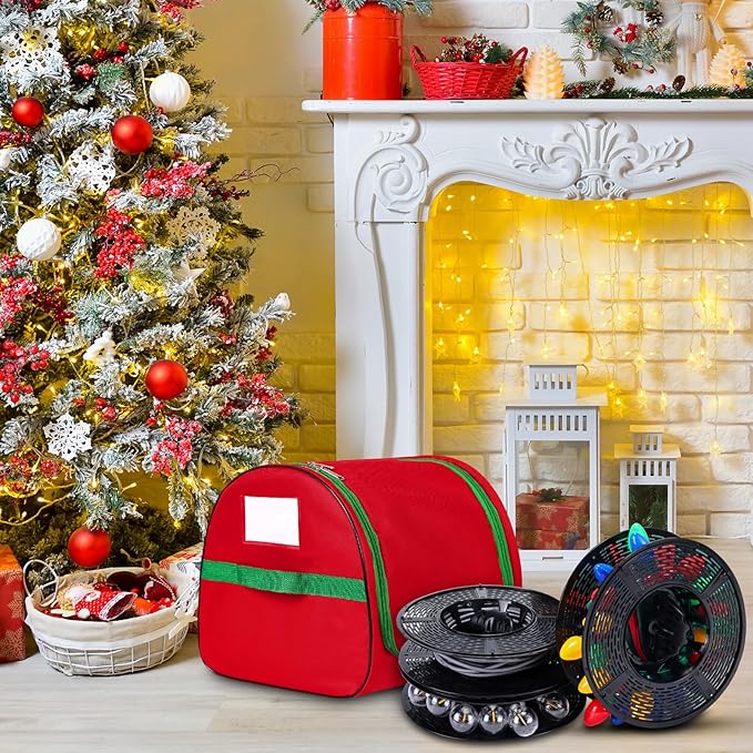 Christmas Light Storage Bag - Tear Proof 600D Oxford Fabric/Internal PVC Material with Reinforced Handles - With 4 Reels Stores up to 500 Ft Holiday Mini Christmas Tree Lights & Extension Cords,Red
