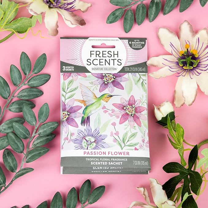 Fresh Scents Scented Sachets | Passion Flower | Tropical Floral Home Fragrance | Long Lasting (Up to 6 Months) | Air Freshener for Closets, Drawers, & Cars | 6 Pack