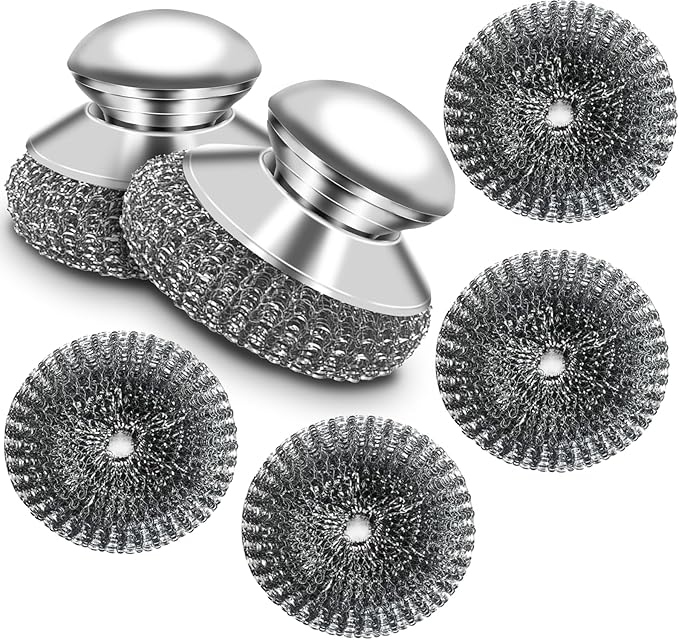 2 Pack Stainless Steel Wool Scrubber with Handle, 4 Replacement Steel Scrubber Wool Pads, Scrubbing Scouring Brush Pads for Cleaning Dishes, Stoves, Kitchen Pots, Pans