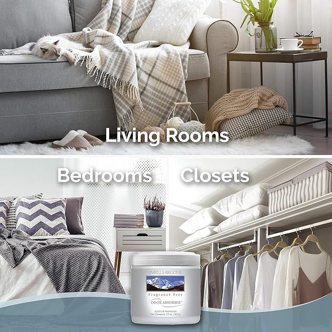 SMELLS BEGONE 15oz Gel Odor Eliminator - Absorb & Remove Tough Odors in Pet Areas, Bathrooms, Basements, Garage, Cars, RVs & Boats - Eliminate Odors Quickly (6-Pack, Fragrance Free)