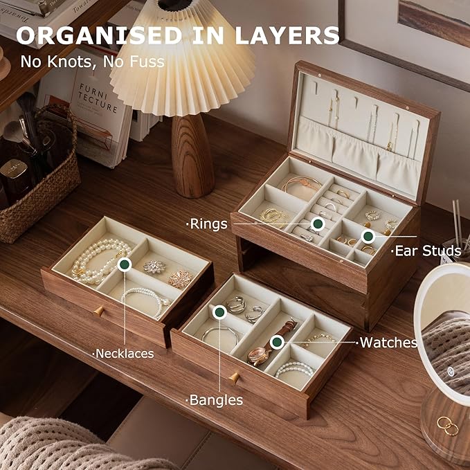YESWOOD Jewelry Box Organizer, North America Black Walnut Wood Jewelry Boxes with 3 Drawers for Women for Storage & Display of Necklaces, Rings, Earrings, and Bracelets