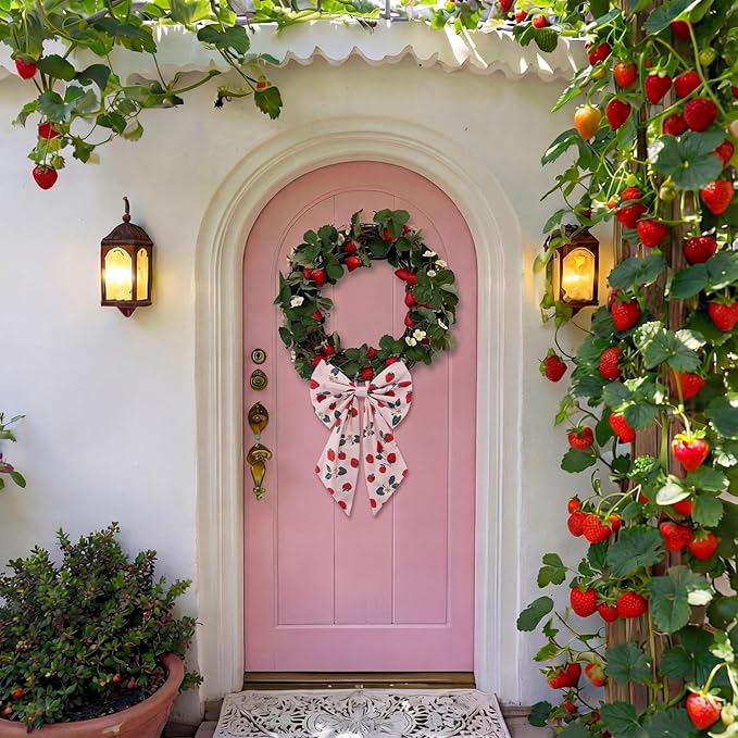 2 Pcs Spring Strawberries Wreath Bows 19.6'' x 11.8'' Large Tree Topper Pink Ornament Rustic Burlap Wreath Sash for Front Door Spring Party Yard Doorway Indoor Outdoor Wall Decor