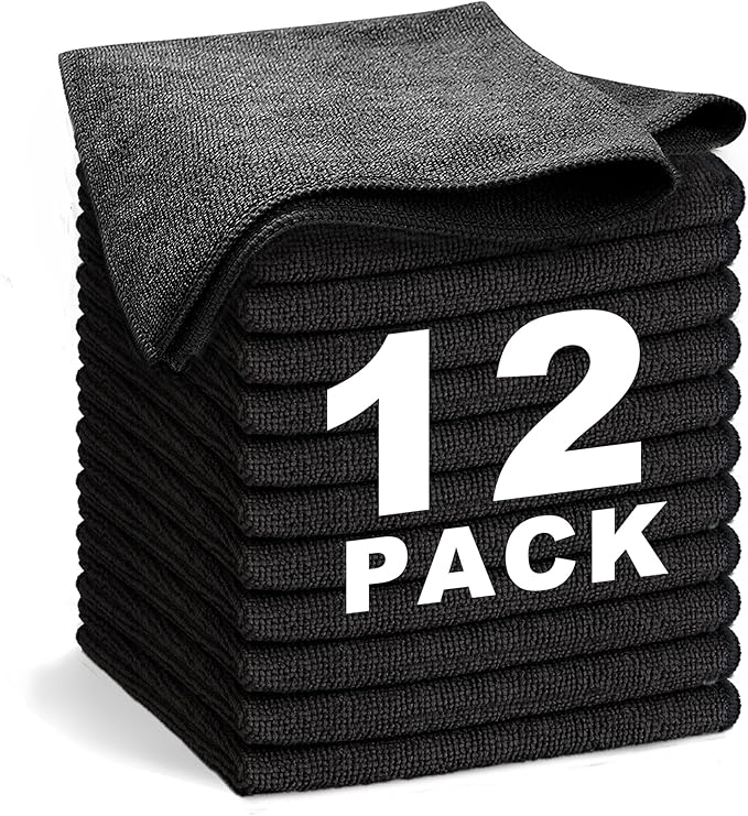 WEAWE Black Microfiber Cleaning Cloth 13"x13", Ultra Soft Absorbent Microfiber Cleaning Rags for Housekeeping Cleaning Supplies, Lint Free Reusable Cleaning Cloths for House Washable, Pack of 12