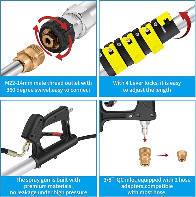 ExtraFein 24 FT Telescoping Pressure Washer Wand Extension, Hot Water Supported Power Washer Extension Wand with Brush Head, 5 Nozzle Tips, 2 Adapters, Harness, Gutter Cleaning Tools from The Ground