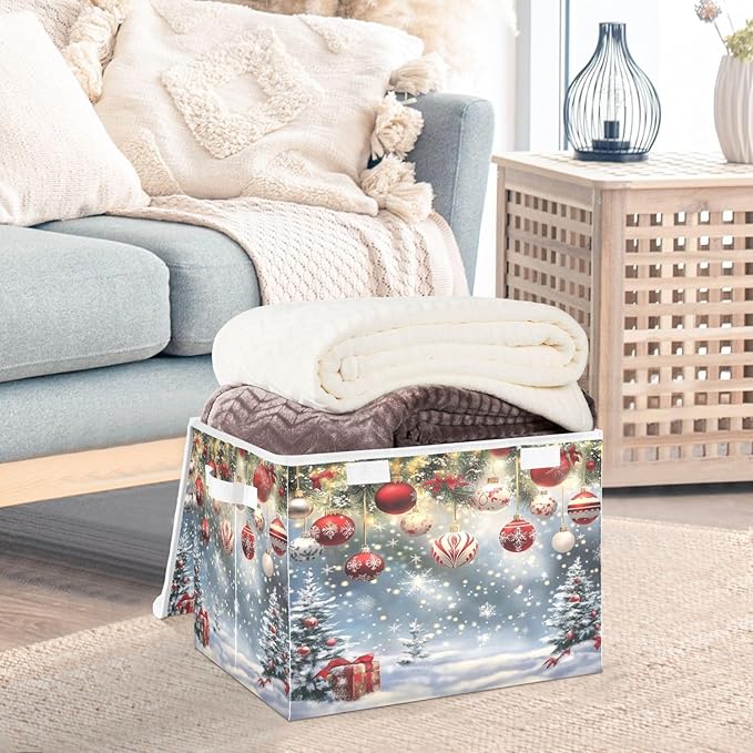 Storage Bins with Lids, Merry Christmas Foldable Storage Cube Boxes Fabric Storage Organizer Basket for Home, Bedroom, Office, Closet (16.5x12.6x11.8)