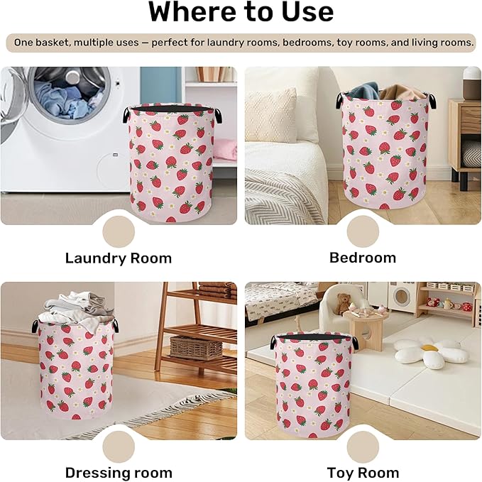 Cute Pink Strawberry Laundry Basket, Extra Large Foldable Hamper for Bathroom/Laundry/Bedroom/Dorm, Washable Fabric Storage Bin with Handle