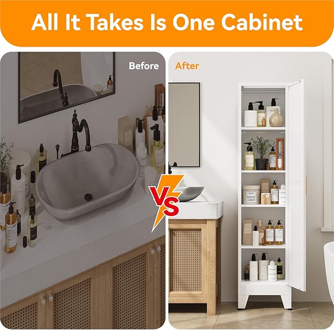 67" Tall Storage Cabinet with Reversible Doors and Adjustable Shelves,Metal Slim Freestanding Cabinets for Bathroom Kitchen Garage Small Spaces,White