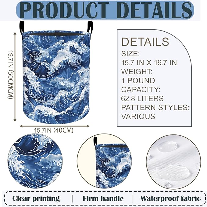 Ocean Wave Laundry Basket Hamper 19.7"x15.8", Japanese Wave Foldable Waterproof Oxford Clothes Storage Bucket for Room Bathroom Bedroom Nursery Decor, Toy Organizer Bins Gifts for Kids Boys Girls