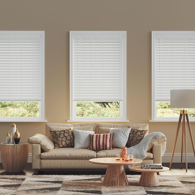 2.5 Inch Cordless Faux Wood Blind, 32.25" W x 60" L - White Plantation Style Venetian Blinds, Over 400 Custom Sizes Starting at 29.97, Room Darkening Shades for Interior Windows by Lumino