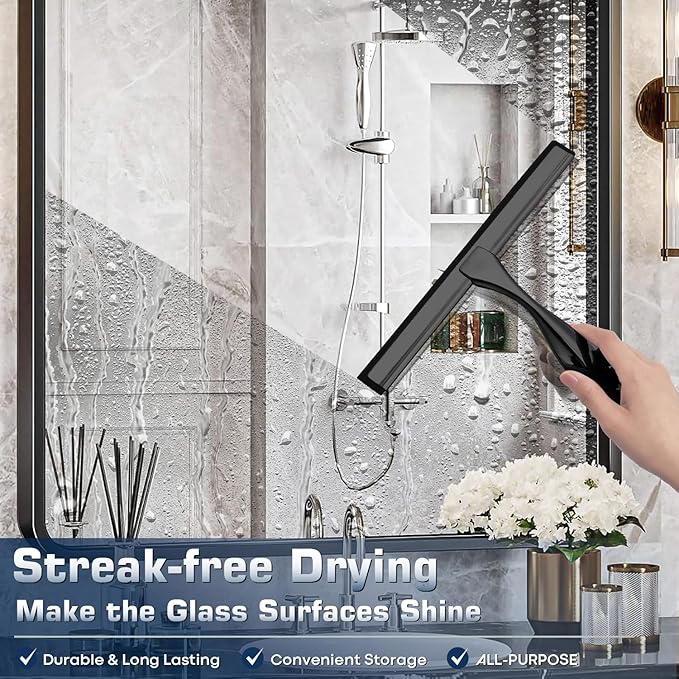 OVSGTTZ Stainless Steel Shower Squeegee for Glass, Includes 3 Adhesive Hooks, Shower Door Squeegee for Bathroom, Household Window, Car Windshield, Mirrors, Tiles Scrubber Clear, 12 inch Black