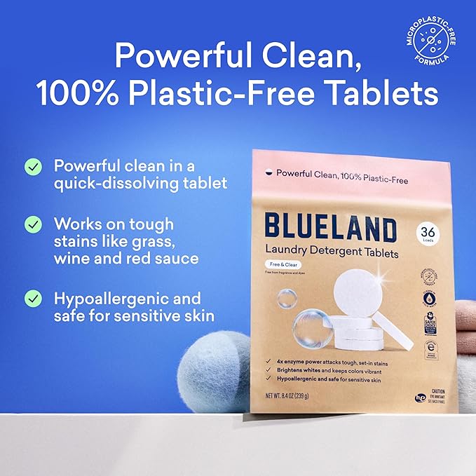 BLUELAND Laundry Detergent Tablets, Starter Set, 60 Count with Tin, Plastic-Free Eco-Friendly Pods, Sheets, Liquid Alternative - Fragrance Free and Clear, Natural, Gentle