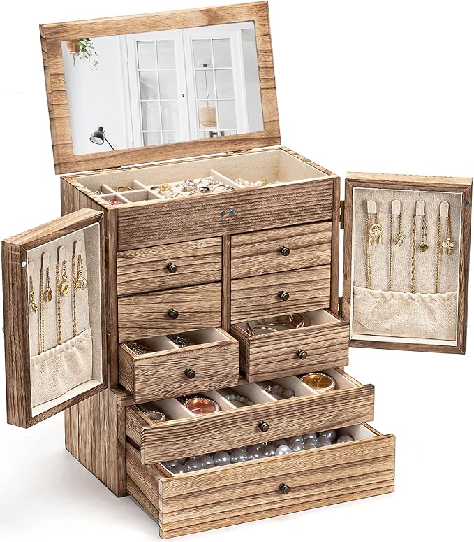 Emfogo Jewelry Box for Women Wooden Jewelry Boxes & Organizers 5-Layer Rustic Large Jewelry Organizer Box with Mirror & 8 Drawers for Rings Earrings Necklaces Bracelets Women Girls Gifts
