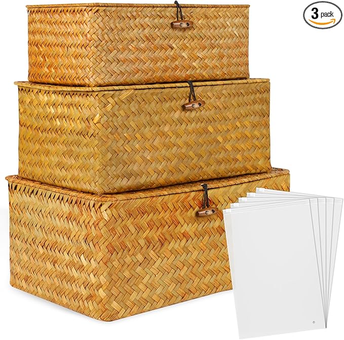 Wicker Shelf Baskets with Lid,Handwoven Seagrass Basket Storage Bins Rectangular Household Basket Boxes for Shelf Wardrobe Desktop Home Organization,Set of 3 Storage Baskets + 5 Storage Bags